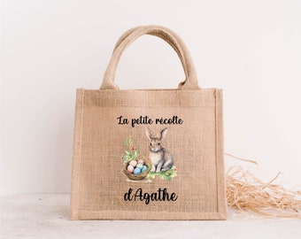 Panier sac en jute chasse au œuf personnalisé / cadeau personnalisé Pâques/ Pâques 2024/ chocolat Pâques personnalisé /