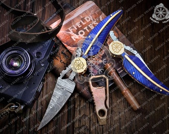 Handmade Damascus Folding Pocket Knife - EDC, Engraved Handle - Perfect Gift for Him - Made in the USA (promotional price)