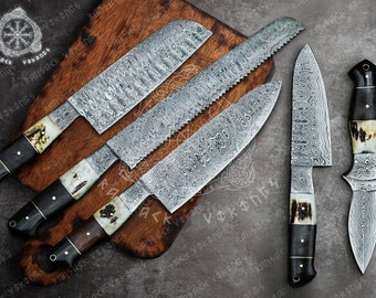 Damascus Cooking Knife, Kitchen Knife Set, Damascus Chef Knife Set, Damascus Steel, Santoku blade, Dagger Blade, Paring knife ,Bread Knife