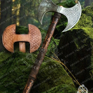 Custom Handmade Carbon Steel axe Medieval Warrior axe Large Decorative Double Headed axe War Battle. ASH Wood handle with leather sheath.