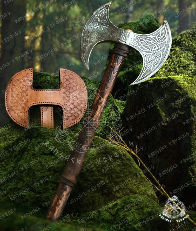 Hacha de acero al carbono hecha a mano personalizada, hacha de guerrero  medieval, gran hacha decorativa de doble cabeza, batalla de guerra. Mango  de madera de FRESNO con funda de cuero. 