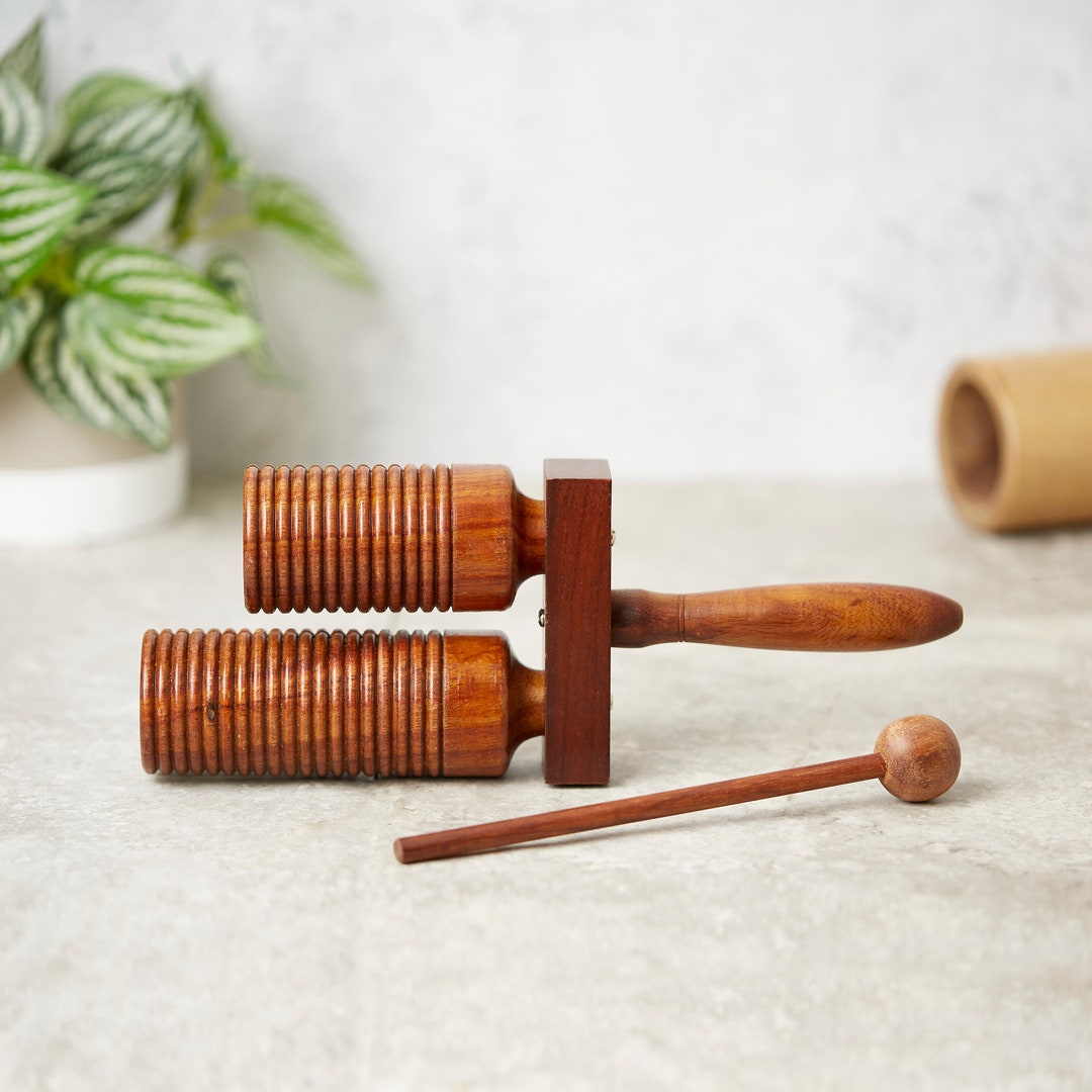 Gogo Instrument Wooden Double Agogo Bells With Beater Light or Dark Wood Music ...
