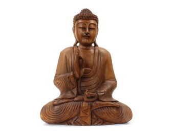 Teak Wood Happy Buddha, Hand Carved Wood, Wooden Buddha, Meditating ...