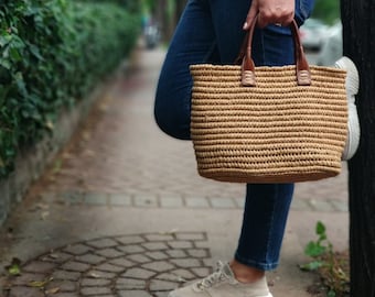 Handgemaakte natuurlijke Raffia handtas, duurzame Boho handgeweven, stro shopper handtas, strand chique draagtas, draagtas, handgemaakte draagtas