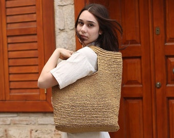 Handmade Raffia Tote Bag, Oversize Straw Tote Bag, Boho Tote Bag, Raffia Drawstring Bag, Big Beach Tote Bag, Straw Shoulder Bag