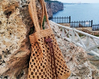 Handmade Raffia Bucket Bag, Raffia Drawstring Bag, Boho Straw Bag, Crochet Raffia Bag, Handcrafted Raffia Bag, Handmade Boho Bag