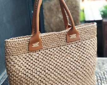 Crochet Raffia Handbag, Straw Unique Handcrafted Chic Bag, High Quality Raffia Bag, Luxury Design Bag, Leather Handle, Daily Boho Style Bag.