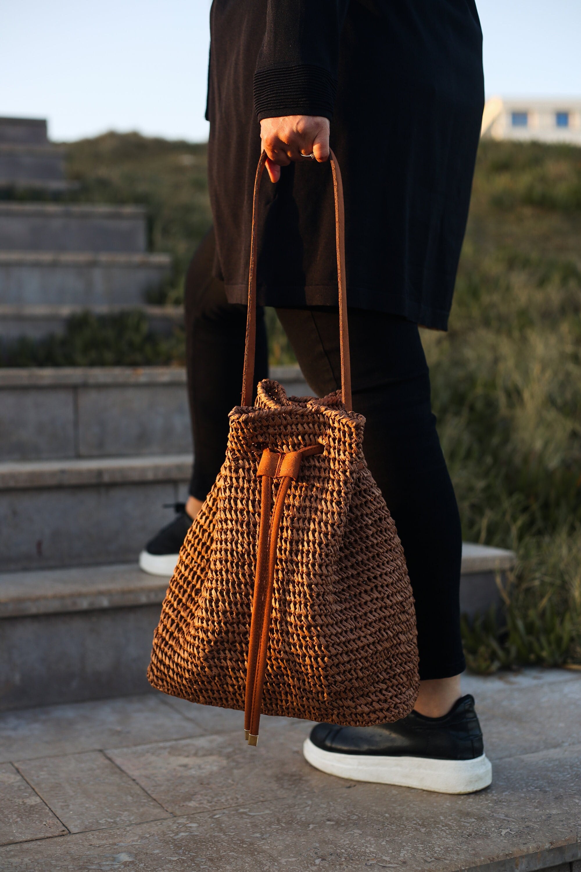 Handmade Raffia Bucket Bag, Raffia Drawstring Bag, Quality Raffia Bag, Crochet Raffia Bag, Handcrafted Raffia Bag