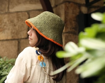 Raffia Beach Hat, Handmade Knit Raffia Hat, Bucket Beach Hat, Expertly Crafted from Breathable Beige Raffia for Your Summer Adventures