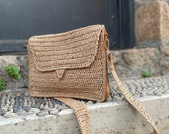 Crochet Raffia Leather Boho Bag, Unique Handcrafted Raffia and Leather Bag,Handcrafted Design Leather and Straw Bag, Daily Boho Straw Bag