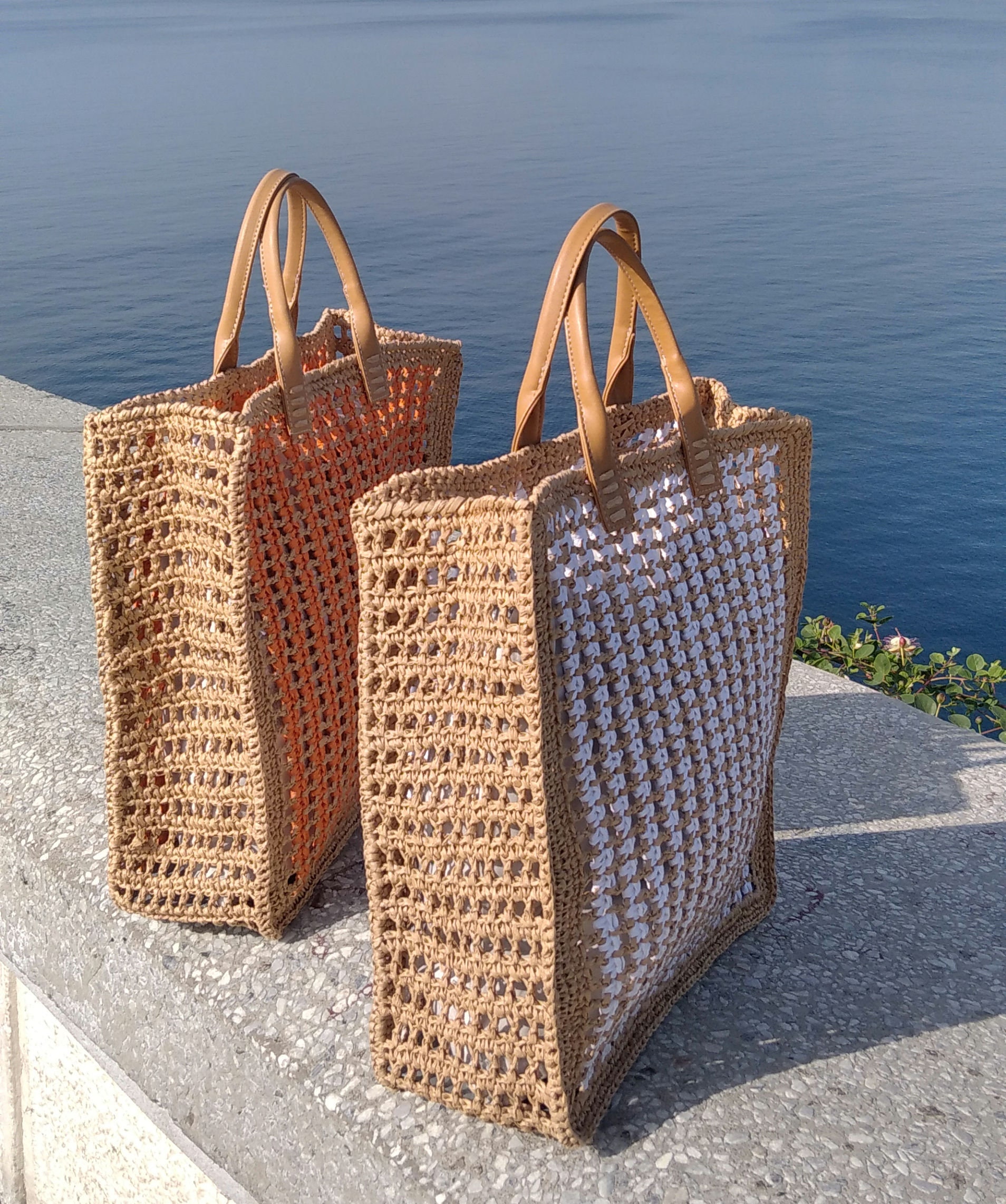 Crochet Bag With Paper Yarn,tote Bag in Tan, Large Knitted Paper Yarn Bag,  Handcrafted Bag in Tan Paper Yarn, Summer Casual Shoulder Bag 