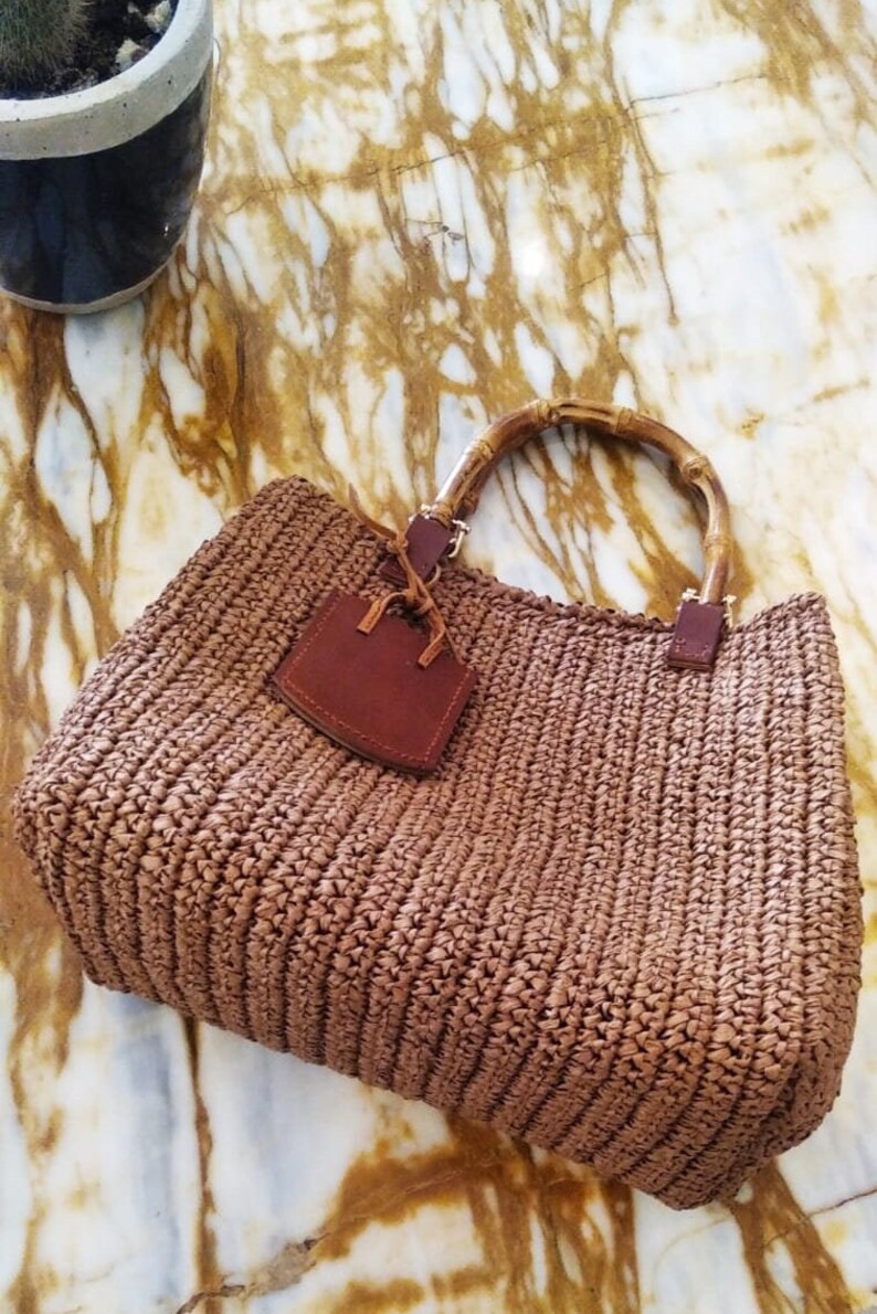 Handcraft Straw Beach Bag, Bamboo Handle Oversize Straw Bag, Raffia
