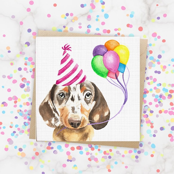 Chocolate Dapple Dachshund Birthday Day Card/ Dapple Sausage Dog With Rainbow Balloons/ Daxie Celebration Card