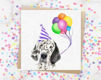 English Setter Holding Rainbow Party Balloons / Blue Belton Birthday Day Card / Canine Celebration Card / Card For Loved One