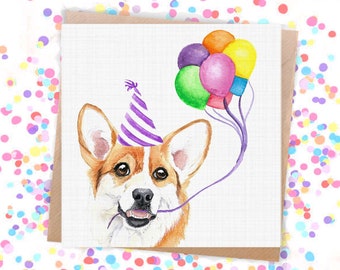 Pembrokeshire Welsh Corgi Birthday Card / Red Corgi Holding Rainbow Balloons / Canine Celebration Card / I Woof You