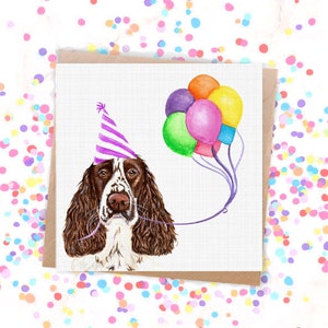 Springer Spaniel Birthday Card/ Liver Spaniel with Rainbow Balloons/ Canine Celebration Card/ Dog Dad Gift