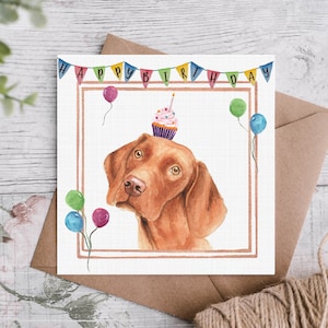 Hungarian Vizsla Birthday Card / Vizsla Cupcake Greetings Card With Bunting & Balloons / Canine Celebration Card