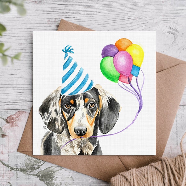 Silver Dapple Dachshund Birthday Card/Sausage Dog With Heart Balloons/Canine Celebration Card