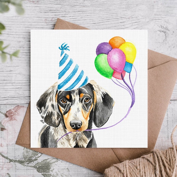 Silver Dapple Dachshund Birthday Card / Sausage Dog in A Party Hat / Canine Celebration Card