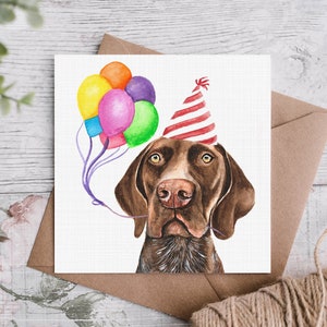 German Shorthaired Pointer Birthday Card/Pointer Holding Rainbow Balloons/Canine Celebration Card