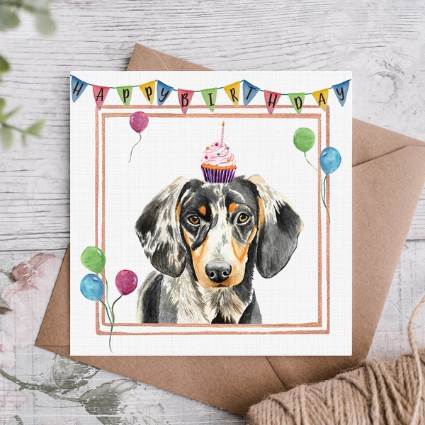 Silver Dapple Dachshund Birthday Card/Sausage Dog Cupcake Greetings Card With Bunting & Balloons/Canine Celebration Card