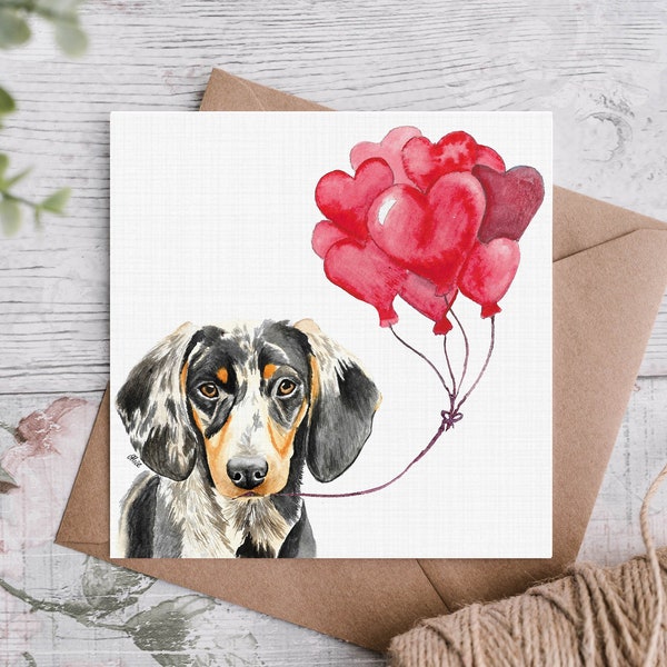 Silver Dapple Dachshund Anniversay Card / Sausage Dog With Heart Balloons /Canine valentines day card