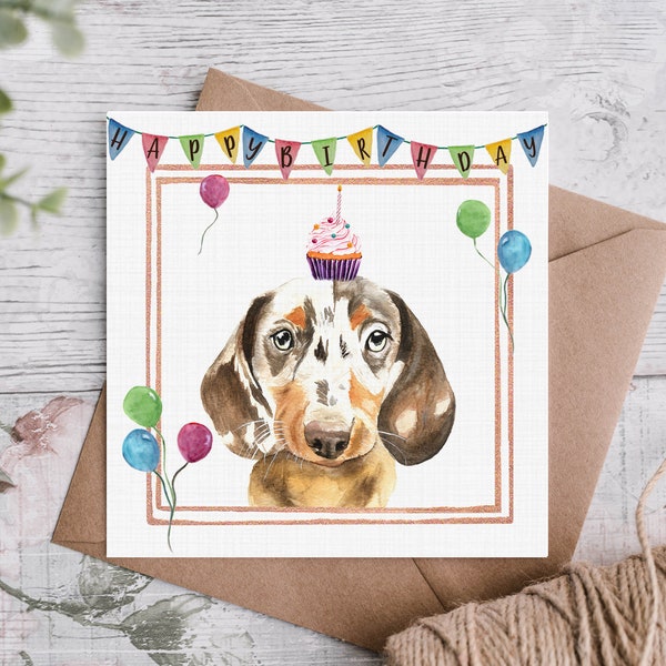 Chocolate Dapple Dachshund Birthday Day Card/Dapple Sausage Dog With Rainbow Balloons/Canine Celebration Card