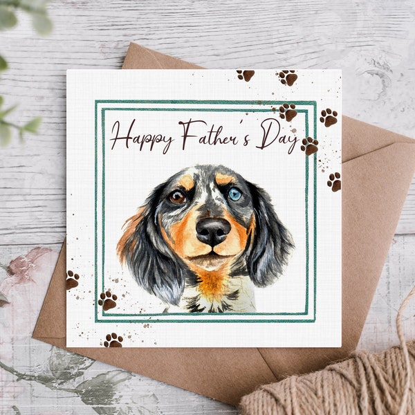 Longhair Silver Dapple Dachshund Fathers Day Card/Sausage Dog With Muddy Paw Print Frame/Dog Dad Card