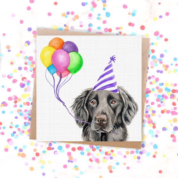 Black Flatcoat Retriever Birthday Card/Black Flat Coat Holding Rainbow Balloons/Canine Celebration Card