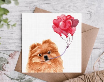 Pomeranian Valentienes Day Card / Red Pom Holding Heart Balloons / Canine Celebration Card / Dog Greetings Card