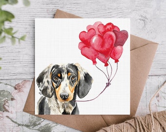 Silver Dapple Dachshund Anniversay Card / Sausage Dog With Heart Balloons /Canine valentines day card