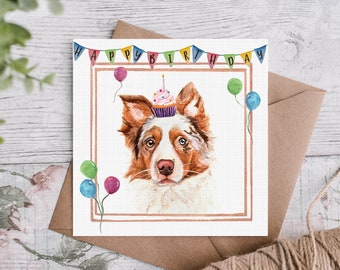 Red Merle Border Collie Birthday Day Card/Sheepdog With Cupcake and Bunting/Canine Celebration Card