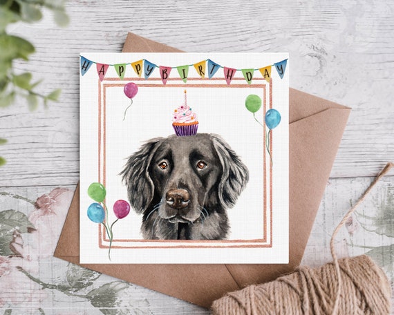 Black Flatcoat Retriever Birthday CardBlack Flat Coat Gundog Cupcake Greetings Card With Bunting /& BalloonsCanine Celebration Card