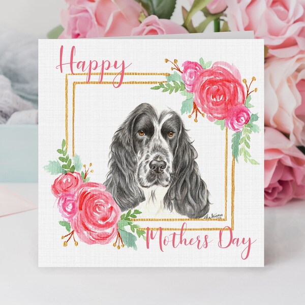 Cocker Spaniel Mothers Day Card/Blue Roan Cocker Floral Card