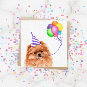 Pomeranian Birthday Card / Red Pom Holding Rainbow Balloons/ Canine Celebration Card/ Dog Greetings Card / Card For Loved One