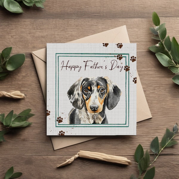Silver Dapple Dachshund Fathers Day Card/Sausage Dog With Muddy Paw Print Frame/Dog Dad Card
