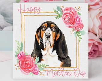 Tri Colour Basset Hound Mothers Day Card / Basset Hound Mum Gift / Dog With Flowers / Card For Loved One