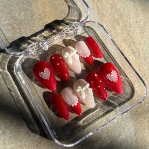 Love Nails Bow Nails Heart Nails Valentines Day Nails Red Nails Handmade Press On Nails Reusable Press On