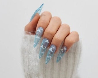 Y2K Press On Nails, Cloud Nails, Baby Blue Nails, Head in the Clouds, Trendy Nails, Reusable Press Ons