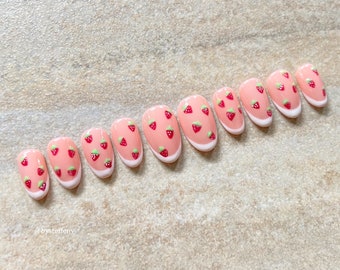 Strawberries Nails, Cute Nails, Hand Painted Nails, White French Tip, Trendy Nails, Reusable Press Ons