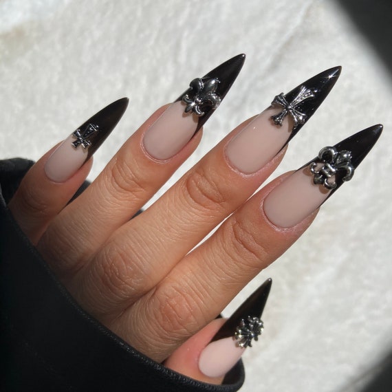 Silver Chrome Cross Hearts Nails Press on Nails Black Design Nails