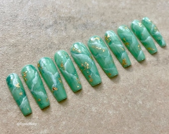 Jade Press On Nails Marble Design Nails Reusable Custom Press On Hand Painted Nails DIY Nails