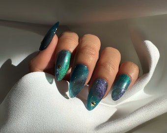 Starry Press On Space Galaxy Nails Milky Way Nails Aurora Lights Nails Green Purple Blue Nails Reusable Press On