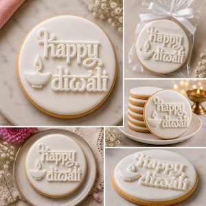 May include: A round sugar biscuit with smooth white icing featuring the embossed text "happy diwali" and a small diya lamp icon. The biscuit is shown individually, stacked in a group, and packaged in a clear plastic bag with a white ribbon tie.