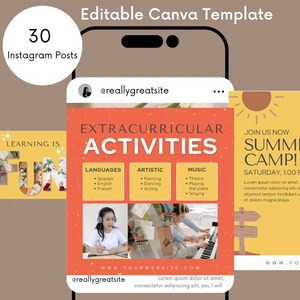 May include: A colorful Instagram post template for a summer camp. The template features a bright yellow sun, a blue sky, and a wooden sign with the text "Join Us Now Summer Camp!" The template also includes a list of extracurricular activities, including languages, artistic activities, and music.
