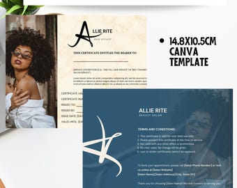 Editable Hair Salon Gift Certificate Template: Canva Coupon (14.8 x 10.5 cm) (Digital Download