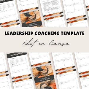 May include: A leadership coaching template with a colorful abstract background. The template includes sections for coaching agreement, initial assessment, session planning, progress tracking, and more. The text "Leadership Coaching Template" and "Edit in Canva" is visible on the image.