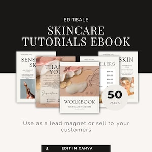 May include: A promotional image for a skincare tutorials ebook. The image features several mockups of the ebook's pages, showcasing skincare tips and a workbook. The text includes "Skincare Tutorials Ebook", "Workbook", and "50 Pages".