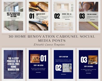 Home Renovation Instagram Posts: Canva Carousel Templates (Digital Download))