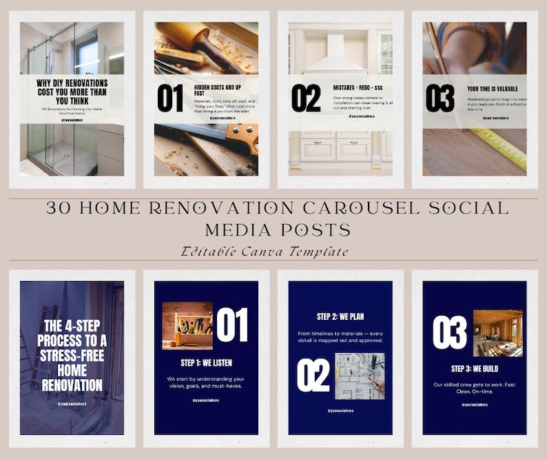 Home Renovation Instagram Posts: Canva Carousel Templates (digital ...